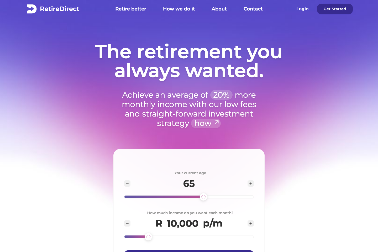 RetireDirect homepage hero with its retirement messaging and purple visual language