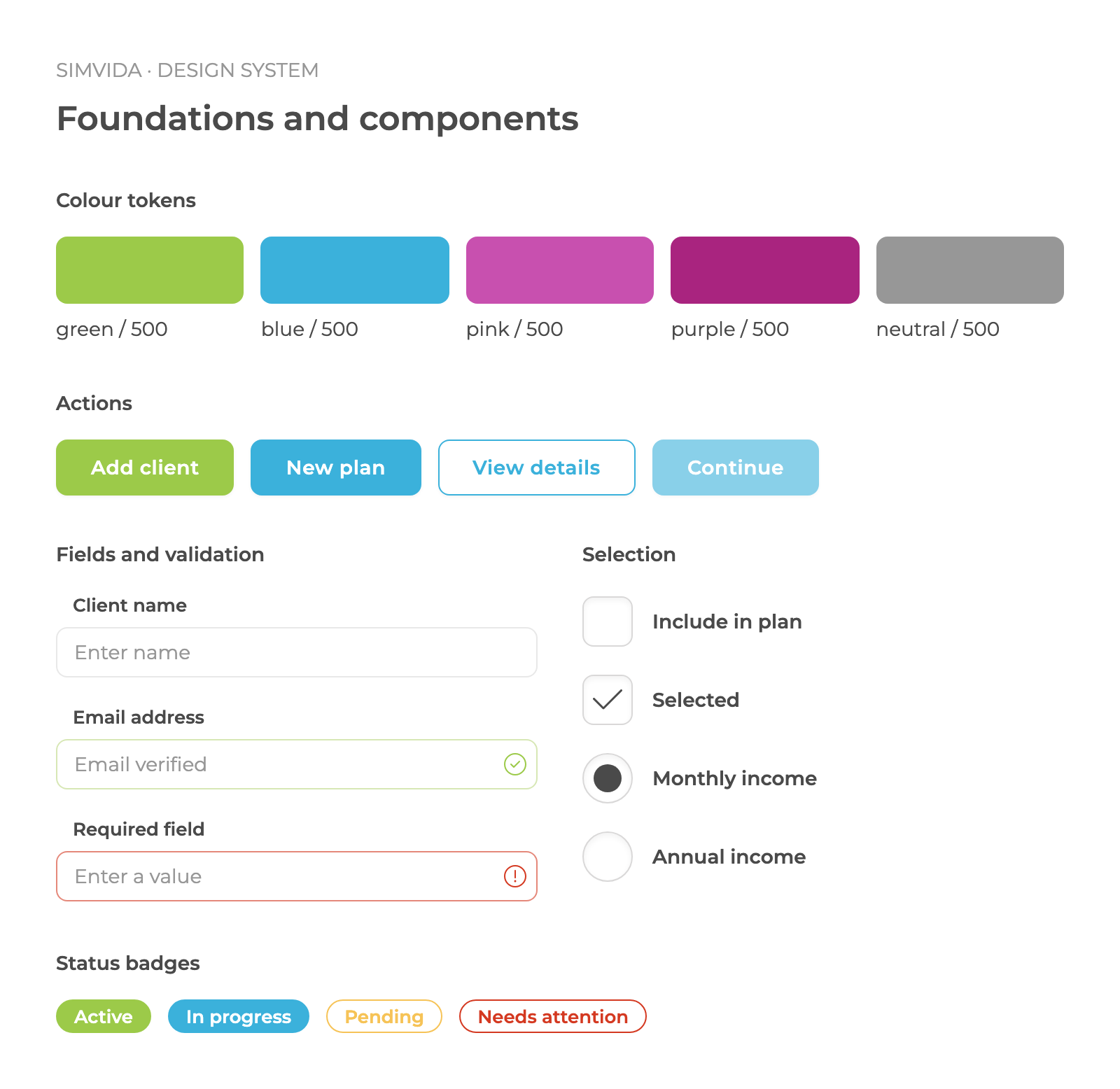 Simvida design system colour tokens, buttons, input validation, checkboxes, radio controls and status badges