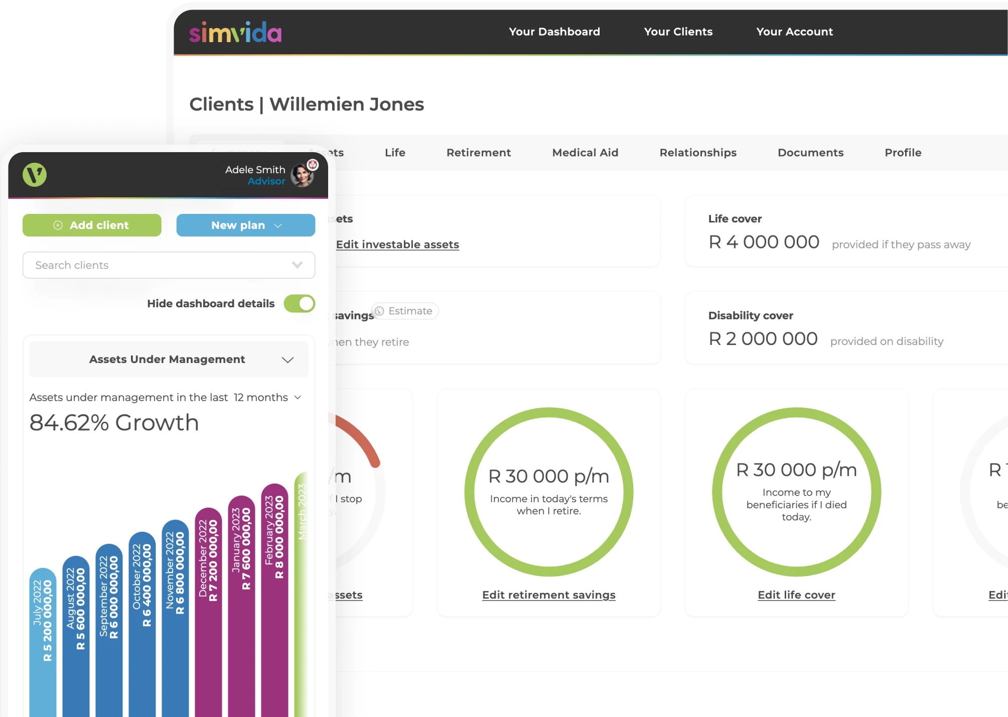 Simvida adviser and client workspace with financial summaries on desktop and mobile